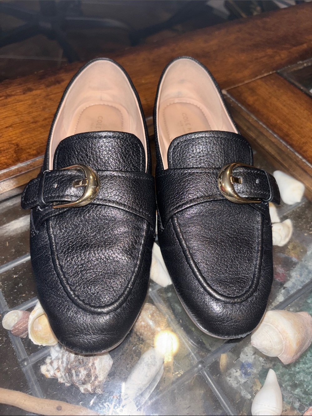 Cole Haan Black Leather Loafers with Gold-Tone Buckle